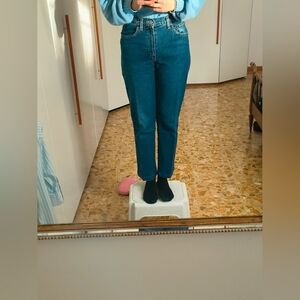 Women's Navy Blue High Waist Button Straight Jean